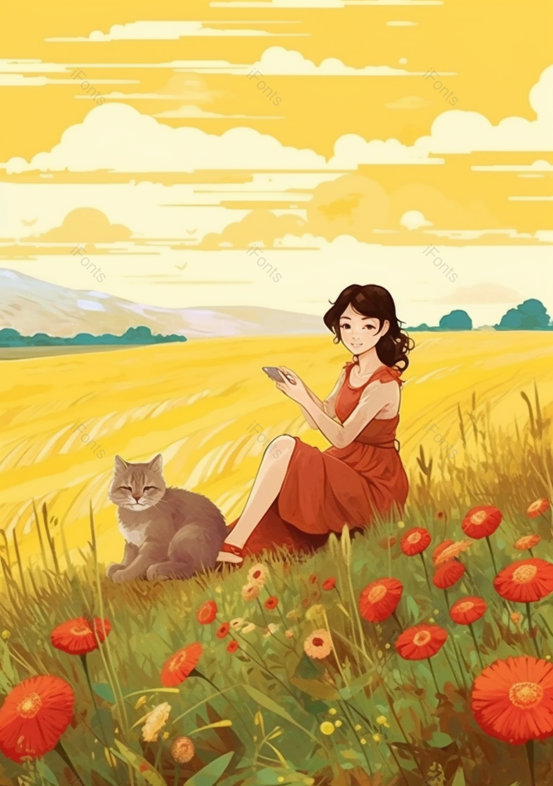 阳光女孩和猫咪在山坡上唯美插画背景,插画/手绘图,插画/手绘图库,插画/手绘图下载,插画/手绘